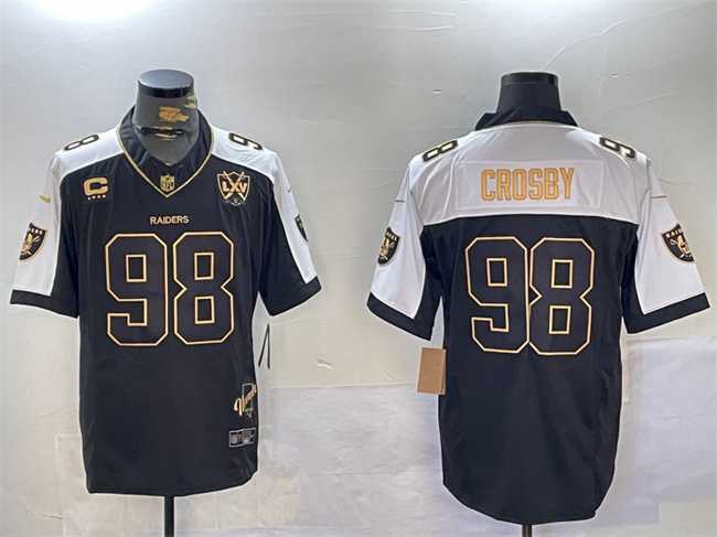 Mens Las Vegas Raiders #98 Maxx Crosby Black Gold F.U.S.E. With Nevada Silver Stat Patch And 65th Anniversary Patch 4-Star C Patch Limited Stitched Jersey Dzhi